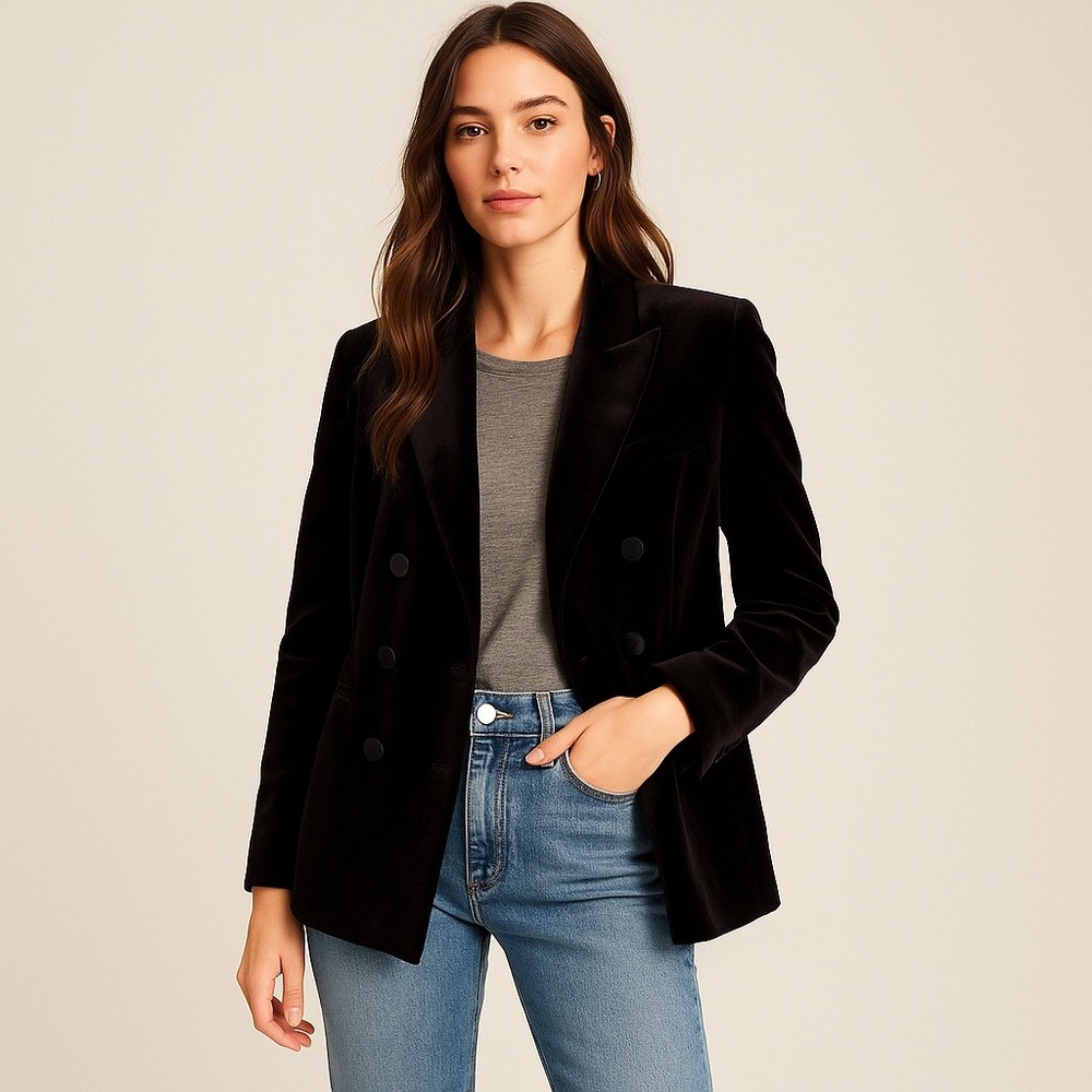New Express Womens Velvet Double Breasted Blazer Jacket Black Shawl Collar Tux 6